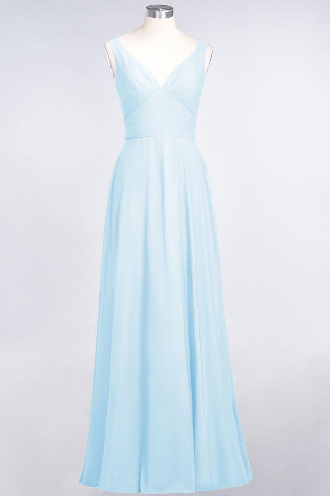 Chiffon V-Neck Straps Sleeveless Ruffles Floor-Length Bridesmaid Dress with Open Back