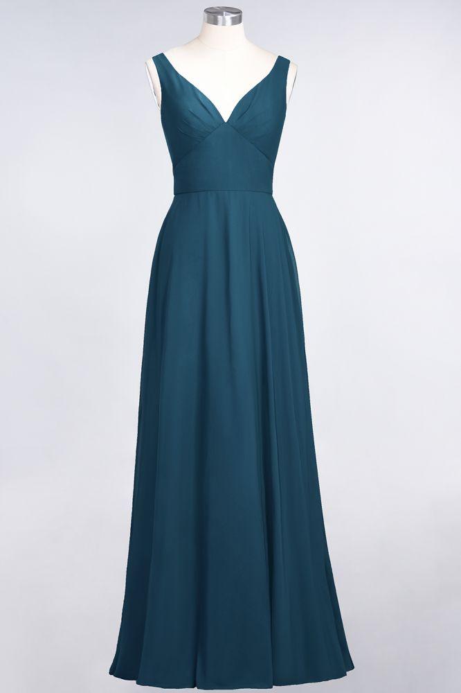 Chiffon V-Neck Straps Sleeveless Ruffles Floor-Length Bridesmaid Dress with Open Back