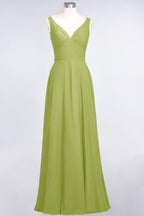 Chiffon V-Neck Straps Sleeveless Ruffles Floor-Length Bridesmaid Dress with Open Back