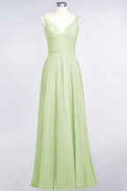 Chiffon V-Neck Straps Sleeveless Ruffles Floor-Length Bridesmaid Dress with Open Back