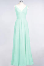Chiffon V-Neck Straps Sleeveless Ruffles Floor-Length Bridesmaid Dress with Open Back