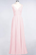 Chiffon V-Neck Straps Sleeveless Ruffles Floor-Length Bridesmaid Dress with Open Back