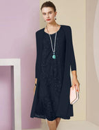 Two Piece Sheath / Column Mother of the Bride Dress Formal Wedding Guest Elegant Scoop Neck Knee Length Chiffon Lace Half Sleeve Jacket Dresses with Appliques