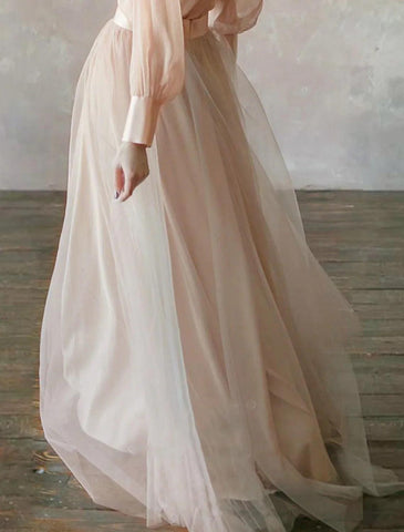Numbersea Two Piece Empire Minimalist Wedding Guest Formal Evening Birthday Dress Stand Collar Long Sleeve Floor Length Chiffon with Tier