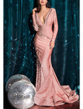 Vestido de noche sirena/trompeta Reformation Amante, vestido de novia para invitada de boda, formal, de noche, con cola de corte, manga larga, cuello en V, satén con elegante color puro