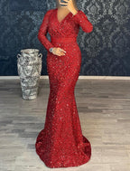 Meerjungfrau/Trompete Abendkleid Weihnachten Rot Grün Kleid Partykleid Maskerade Schwarze Krawatte Bodenlang Langarm V-Ausschnitt Gürtel/Schärpe Pailletten mit Rüschen