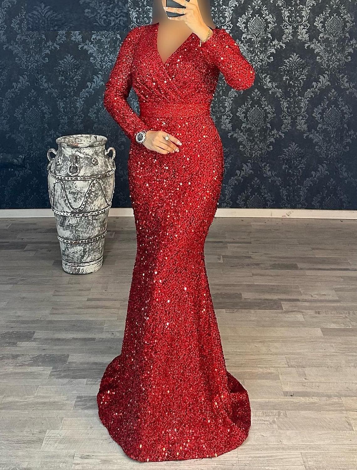 Meerjungfrau/Trompete Abendkleid Weihnachten Rot Grün Kleid Partykleid Maskerade Schwarze Krawatte Bodenlang Langarm V-Ausschnitt Gürtel/Schärpe Pailletten mit Rüschen