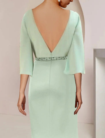 Meerjungfrau/Trompete Mutter der Braut Kleid Hochzeit Gast Party Elegante U-Ausschnitt Tee Länge Stretch Chiffon 3/4 Länge Ärmel mit Perlen