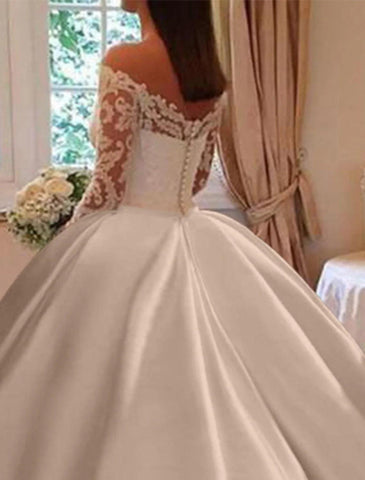Verlobungs-Hochzeitskleider für den Herbst, Ballkleid, schulterfrei, langärmlig, Kapellenschleppe, Satin-Brautkleider mit Applikationen, einfarbig