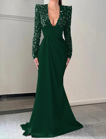 Abendkleid im Meerjungfrau-/Trompeten-Stil, Champagner, Glitzer- und Glanzkleid, formelle Schleppe, lange Ärmel, V-Ausschnitt, Satin mit Falten, Pailletten