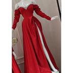 NumberSea - Classic & Timeless Off - Shoudler A - line Side Slit Evening Party Prom Dress With Pearls