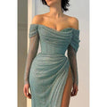 NumberSea - Classic & Timeless Off - Shoudler Long Sleeves Side Slit Ruched Formal Party Prom Dress