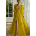 NumberSea - Classic & Timeless V - neck Long Sleeves A - line Slide Slit Tulee Formal Prom Dress