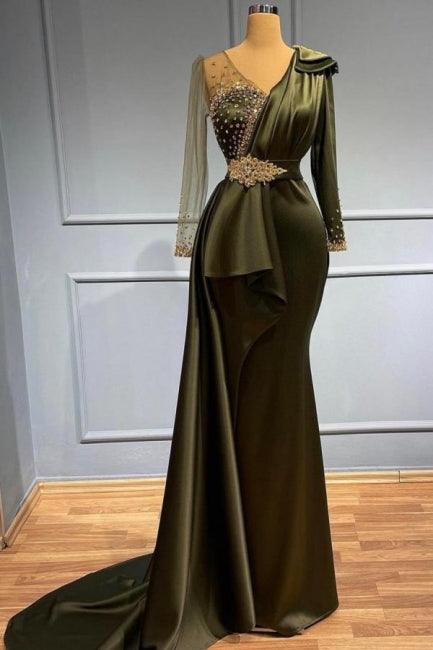 Edles Ballkleid im Meerjungfrau-Stil mit V-Ausschnitt, langen Ärmeln und Perlenbesatz und seitlicher Schleppe