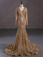 Meerjungfrau/Trompete Abendkleid Sparkle &amp; Shine Kleid Formal Hofschleppe Langarm V-Ausschnitt Afroamerikanische Spitze mit Pailletten