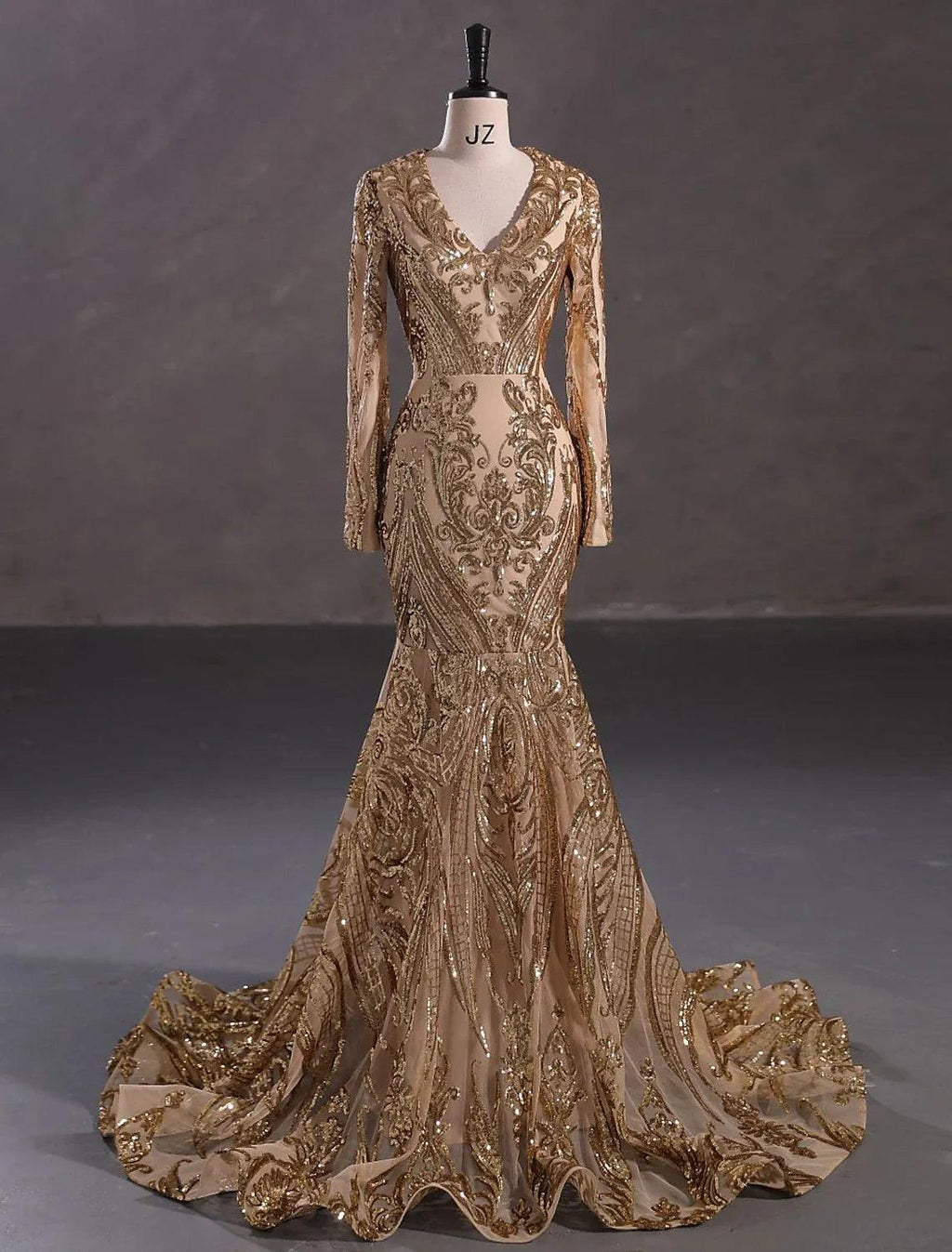 Meerjungfrau/Trompete Abendkleid Sparkle &amp; Shine Kleid Karneval Formell Hofschleppe Langarm V-Ausschnitt Afroamerikaner Spitze mit Pailletten