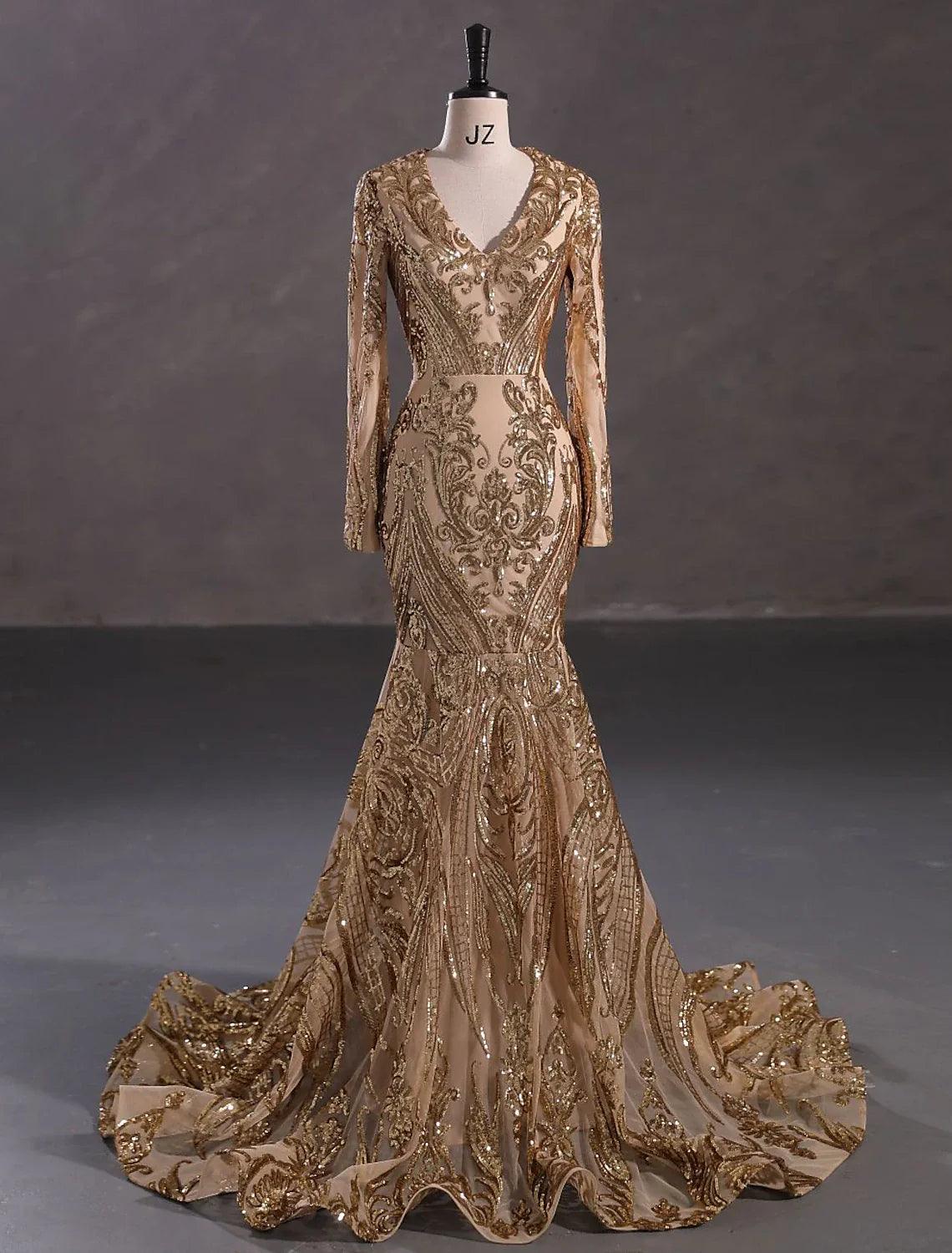 Meerjungfrau/Trompete Abendkleid Sparkle &amp; Shine Kleid Karneval Formell Hofschleppe Langarm V-Ausschnitt Afroamerikaner Spitze mit Pailletten