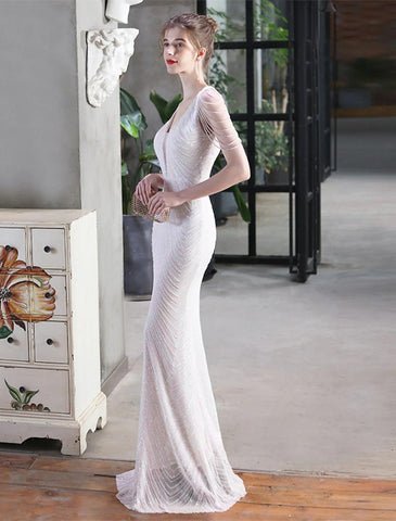 Meerjungfrau/Trompete Abendkleid Sparkle &amp; Shine Kleid Formelle Hochzeitsgast Bodenlang Ärmellos V-Ausschnitt Pailletten mit Fransen Paillettenquaste