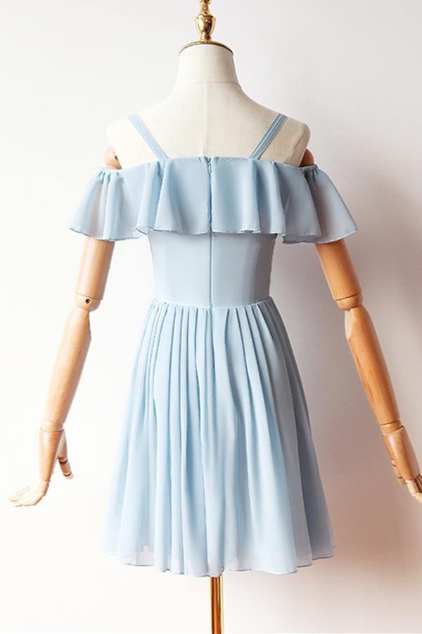 Cold Sleeves Short Prom Dress Blue Chiffon Homecoming Dress