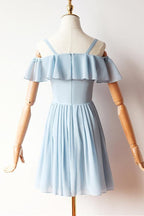 Cold Sleeves Short Prom Dress Blue Chiffon Homecoming Dress