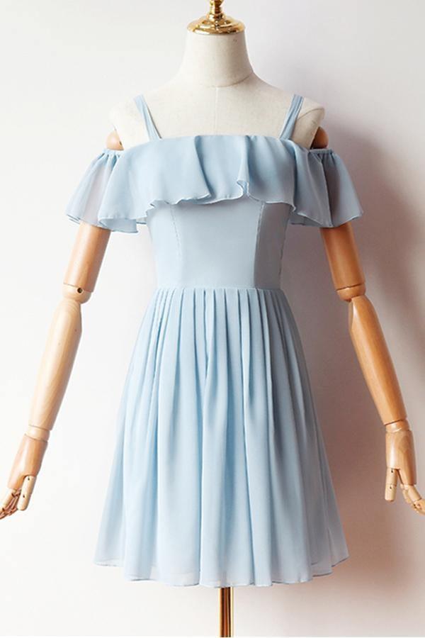 Cold Sleeves Short Prom Dress Blue Chiffon Homecoming Dress