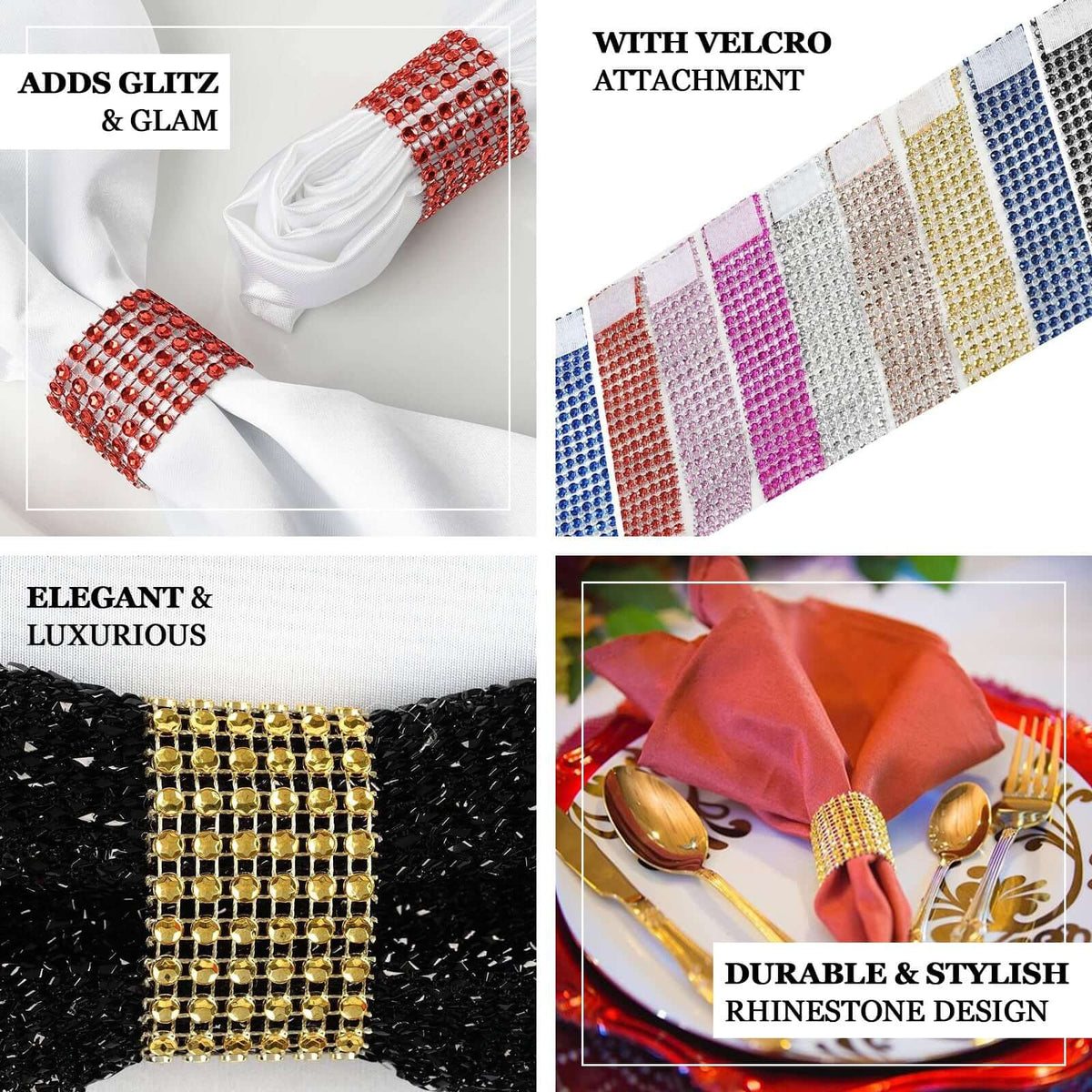 10 Pack Diamond Rhinestone Napkin Rings Champagne - Velcro Brooch Buckle for Chair Sashes