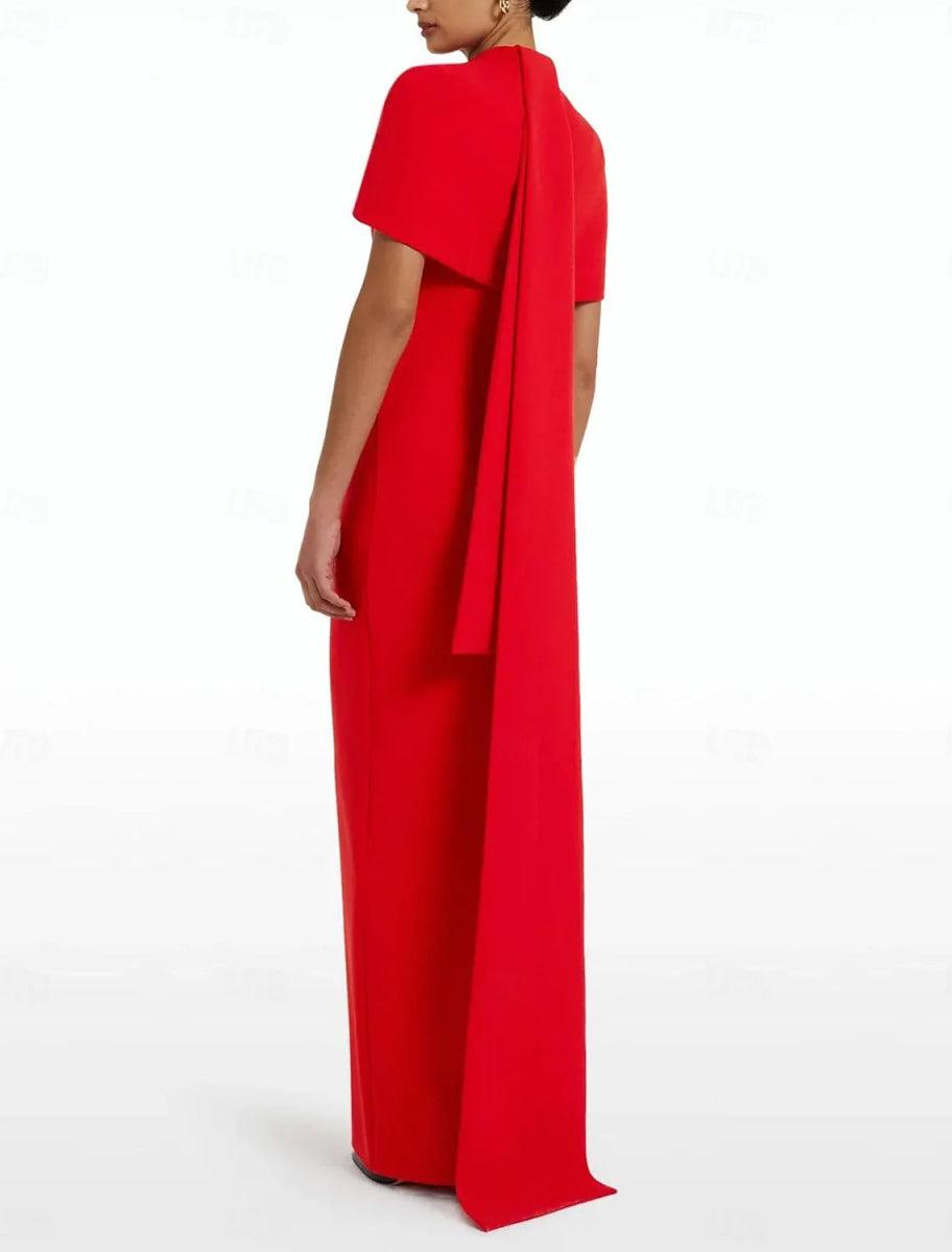 NumberSea - Column Formal Sweep Train Sleeveless Jewel Neck Stretch Crepe with Bow(s) Evening Gown Elegant Dress