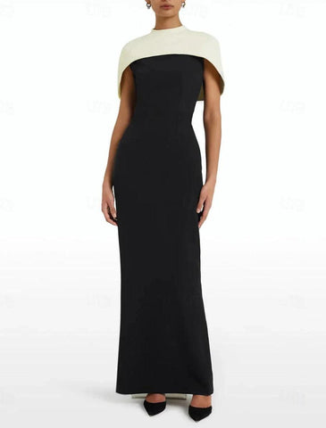 NumberSea - Column Formal Sweep Train Sleeveless Jewel Neck Stretch Crepe with Bow(s) Evening Gown Elegant Dress