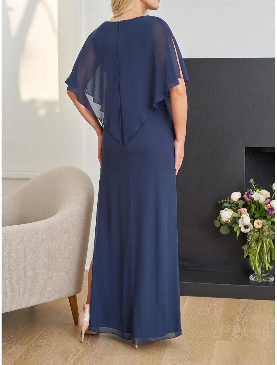NumberSea - Column Formal Wedding Guest Elegant V Neck Floor Length Chiffon Half Sleeve with Beading Mother of the Bride Dress