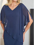 NumberSea - Column Formal Wedding Guest Elegant V Neck Floor Length Chiffon Half Sleeve with Beading Mother of the Bride Dress