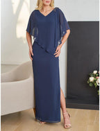 NumberSea - Column Formal Wedding Guest Elegant V Neck Floor Length Chiffon Half Sleeve with Beading Mother of the Bride Dress