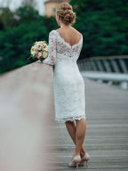 NumberSea - Column Lace Long Sleeves Knee - Length Wedding Dresses