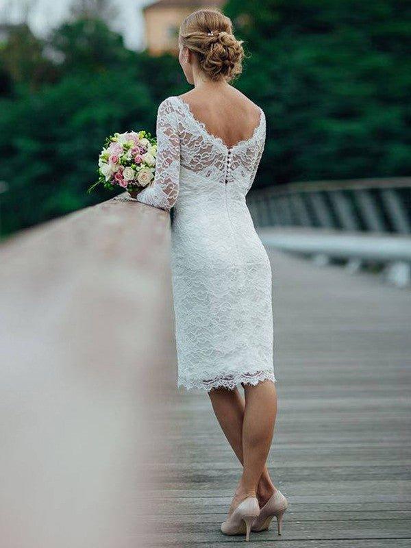 NumberSea - Column Lace Long Sleeves Knee - Length Wedding Dresses