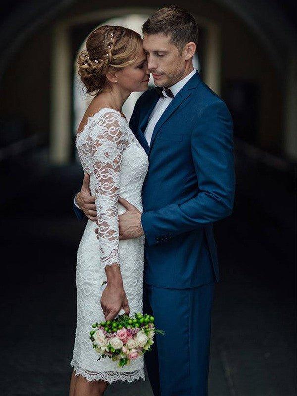 NumberSea - Column Lace Long Sleeves Knee - Length Wedding Dresses