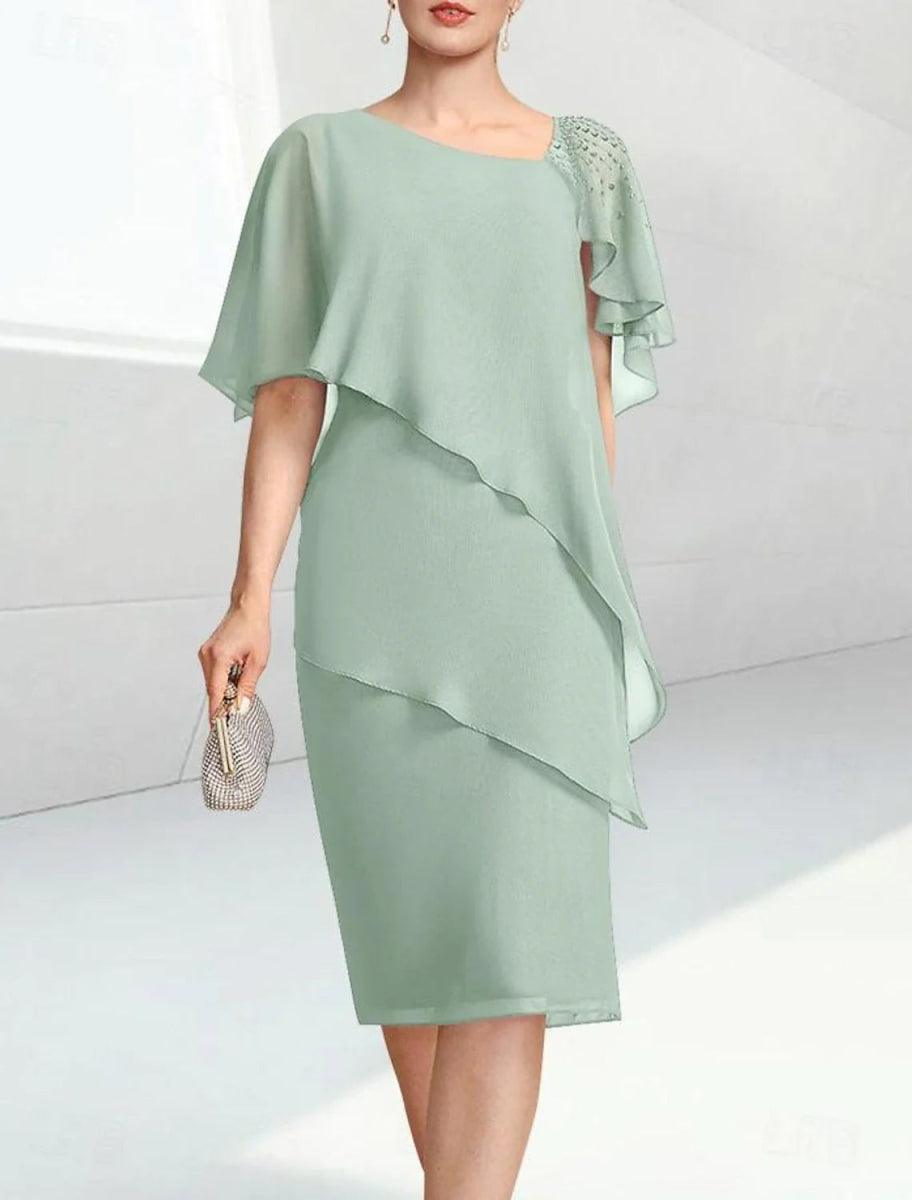 NumberSea - Column Wedding Guest Dress Elegant Jewel Neck Knee Length Chiffon Half Sleeve with Beading Mother of the Bride Dress