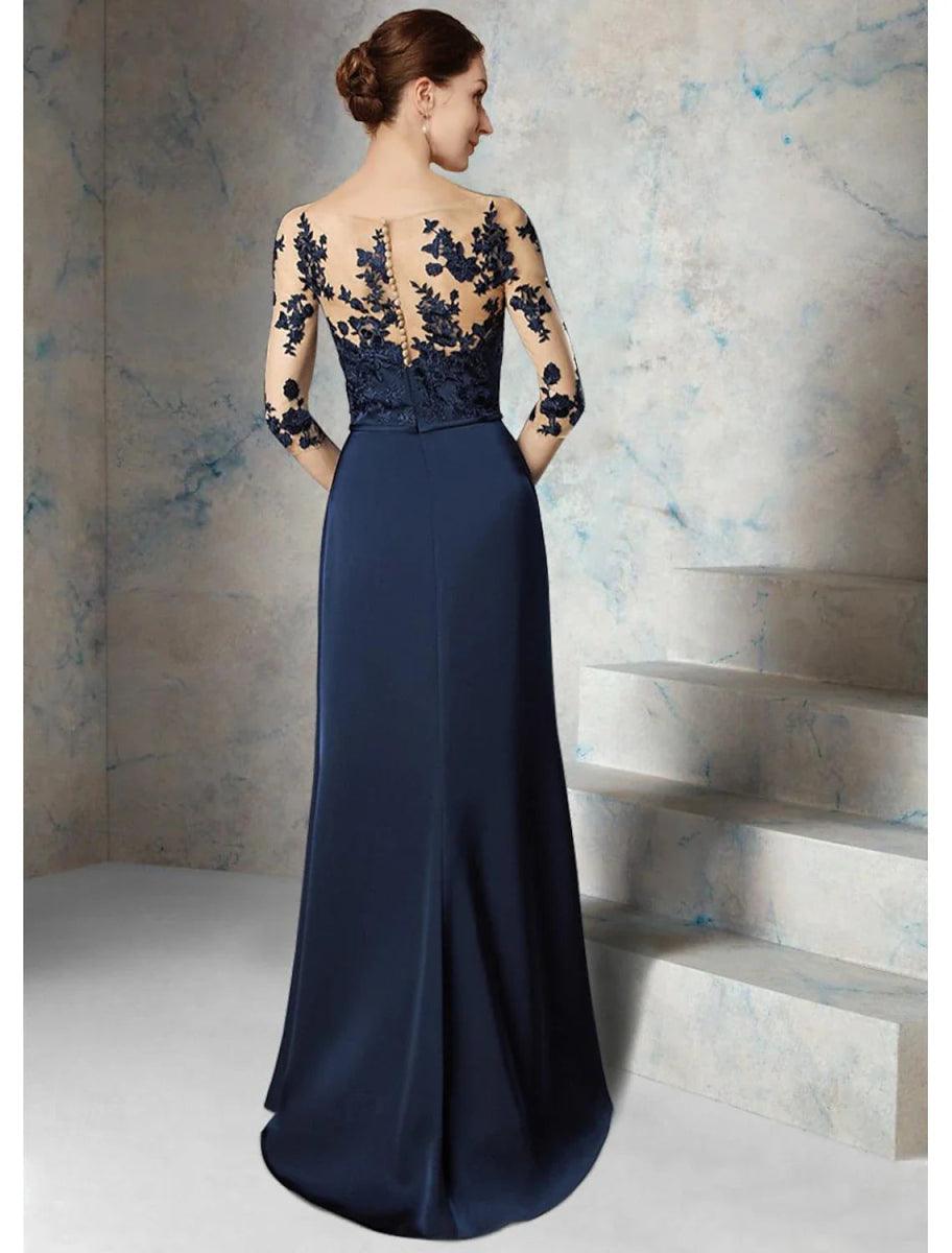 NumberSea - Column Wedding Guest Elegant Simple Jewel Neck Floor Length Chiffon 3/4 Length Sleeve with Appliques Mother of the Bride Dress