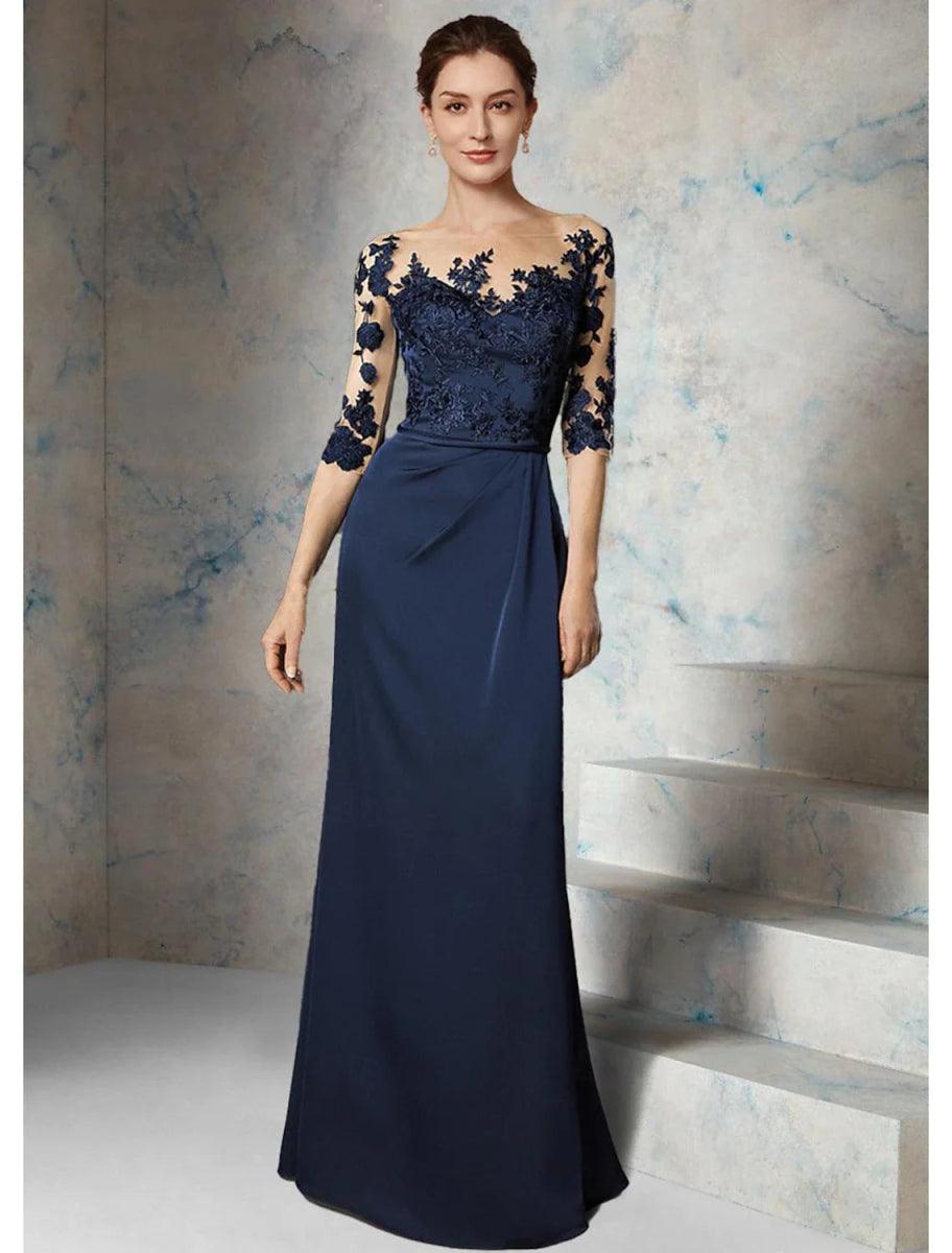 NumberSea - Column Wedding Guest Elegant Simple Jewel Neck Floor Length Chiffon 3/4 Length Sleeve with Appliques Mother of the Bride Dress