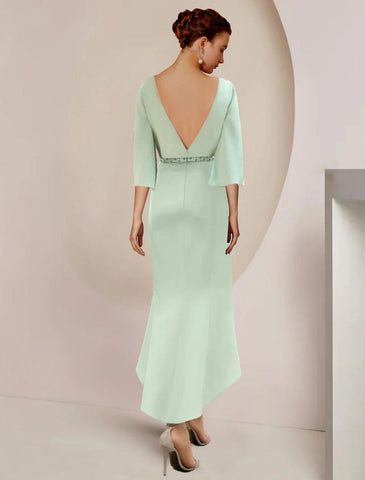 Meerjungfrau/Trompete Mutter der Braut Kleid Hochzeit Gast Party Elegante U-Ausschnitt Tee Länge Stretch Chiffon 3/4 Länge Ärmel mit Perlen