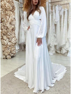 Vestidos de novia formales, corte tubo, escote en V, manga larga, cola de corte, gasa, con pliegues, color liso