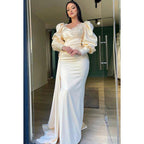NumberSea - Couture & Ornate Long Sleeves V - Neck Sheath Side Slit Formal Prom Dress