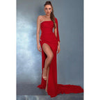 NumberSea - Couture & Ornate One Shoulder High Side Slit Sheath Formal Party Prom Dress With Rhinestones
