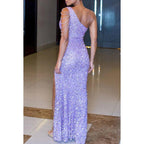 NumberSea - Couture & Ornate One Shoulder Sleeveless Slit Sequins Evening Party Prom Dress