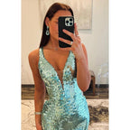 NumberSea - Couture & Ornate Straps V - Neck Side Slit Sparkly Side Slit Evening Party Prom Dress