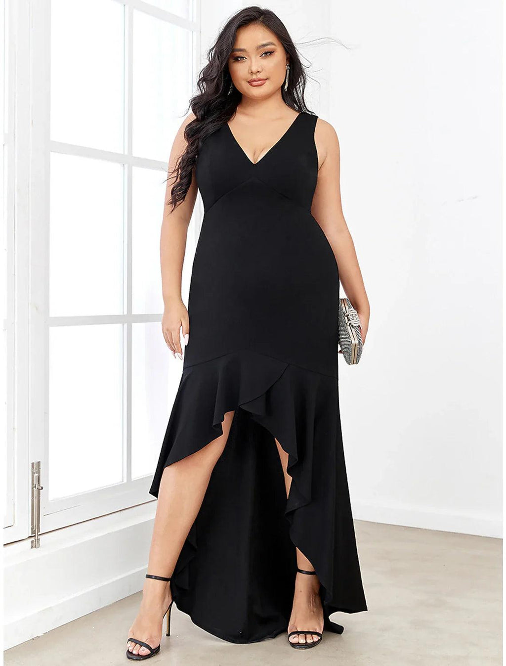 Meerjungfrau/Trompete Abendkleid Sexy Kleid Formeller Hochzeitsgast Asymmetrisch Ärmellos V-Ausschnitt Nylon V-Rücken mit Rüschen Drapierung