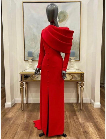 Vestido tubo/columna rojo negro navideño rojo verde vestido de noche elegante capa vestido formal otoño barrido/cola cepillo manga larga cuello vuelto tejido elástico con botones abertura