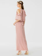 Vestido de dama de honor con corte tubo/columna, escote joya, manga corta, elegante, largo hasta los tobillos, de gasa con faja/cinta/volantes