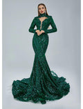 Vestido de noche elegante de sirena/trompeta, vestido de compromiso, cola de corte, manga larga, cuello alto, encaje con lentejuelas