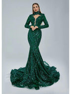 Vestido de noche elegante de sirena/trompeta, vestido de compromiso, cola de corte, manga larga, cuello alto, encaje con lentejuelas