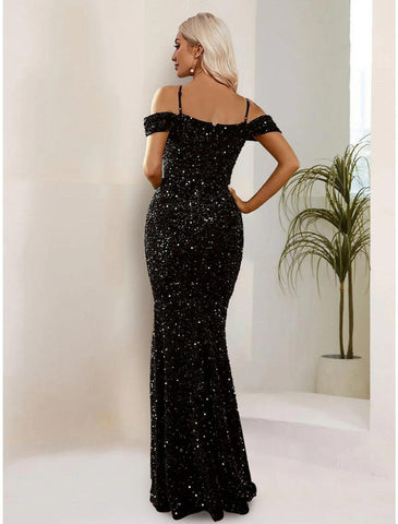 Meerjungfrau/Trompete Abendkleid Sparkle &amp; Shine Kleid Formelles Black Tie Bodenlang Kurzarm Spaghettiträger Paillettenbesetzt