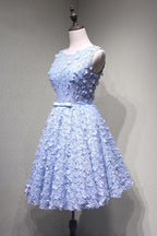 Crew Knee-Length Open Back Appliques Blue Lace Homecoming Dress